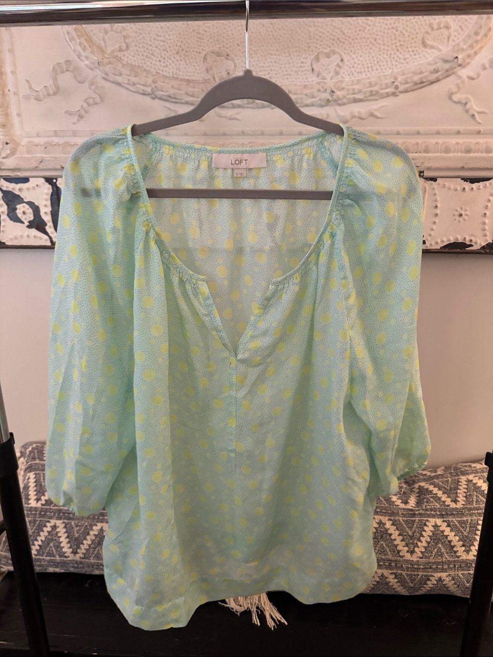 LOFT Light Aqua Polka Dot Blouse